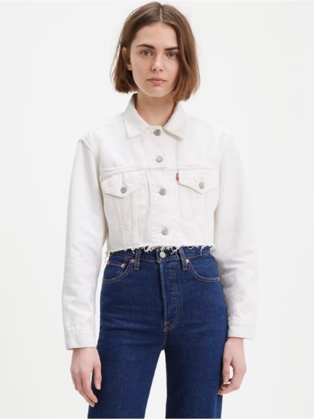 Levi's Cropped White Denim Jacket with Frayed Hem